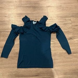 Cece cold shoulder ruffle teal knit sweater (XS)